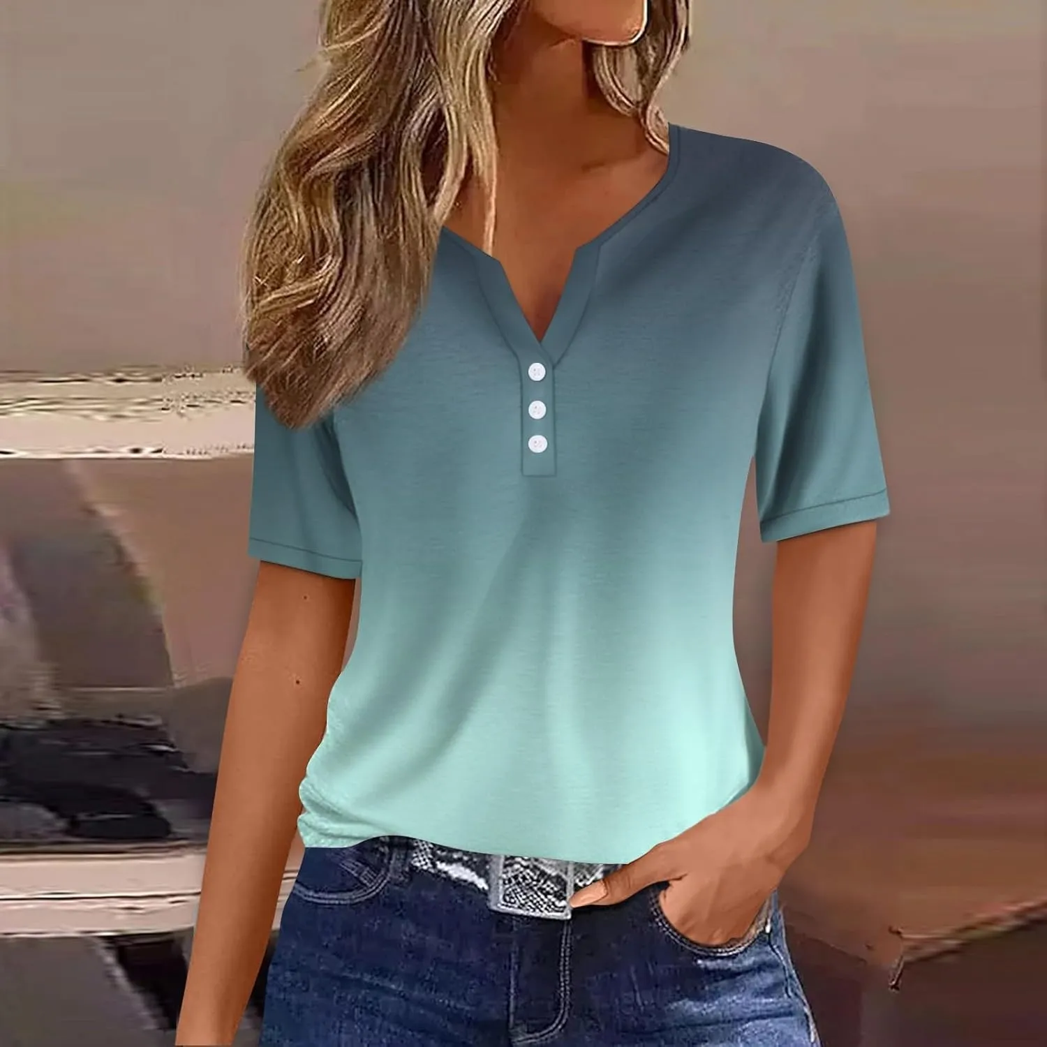 Summer Tops for Women 2025 Trendy Vacation Short Sleeve Button Vneck T Shirt Loose Fitted Boho Graphic Tees Fashion