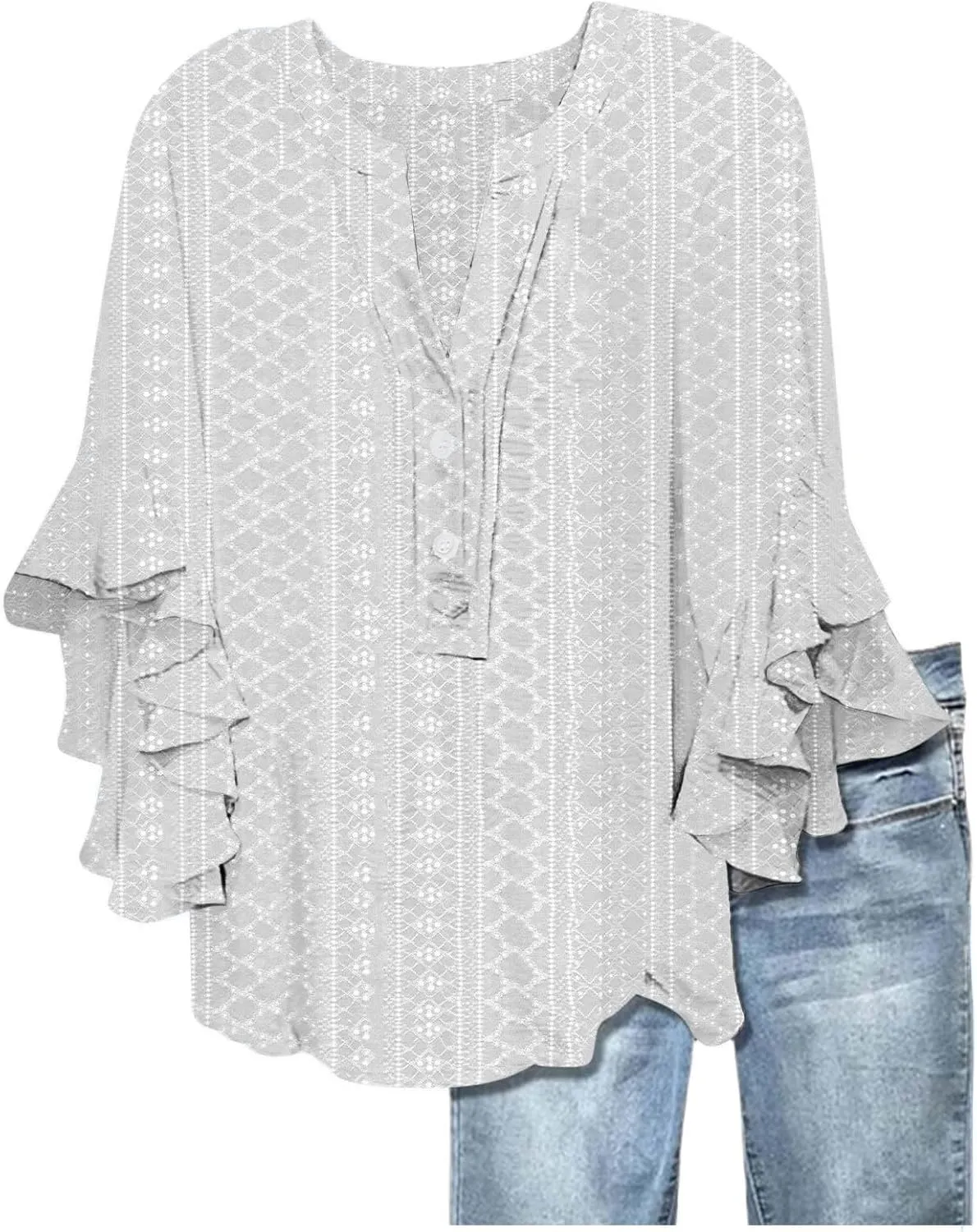 Summer Tops for Women Ruffle 3/4 Sleeve Shirts Boho Button Down Henley Tshirt Loose Floral Print Dressy Tunic Blouse
