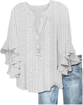 Summer Tops for Women Ruffle 3/4 Sleeve Shirts Boho Button Down Henley Tshirt Loose Floral Print Dressy Tunic Blouse
