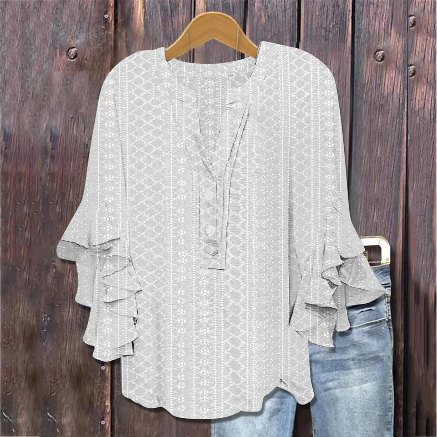 Summer Tops for Women Ruffle 3/4 Sleeve Shirts Boho Button Down Henley Tshirt Loose Floral Print Dressy Tunic Blouse