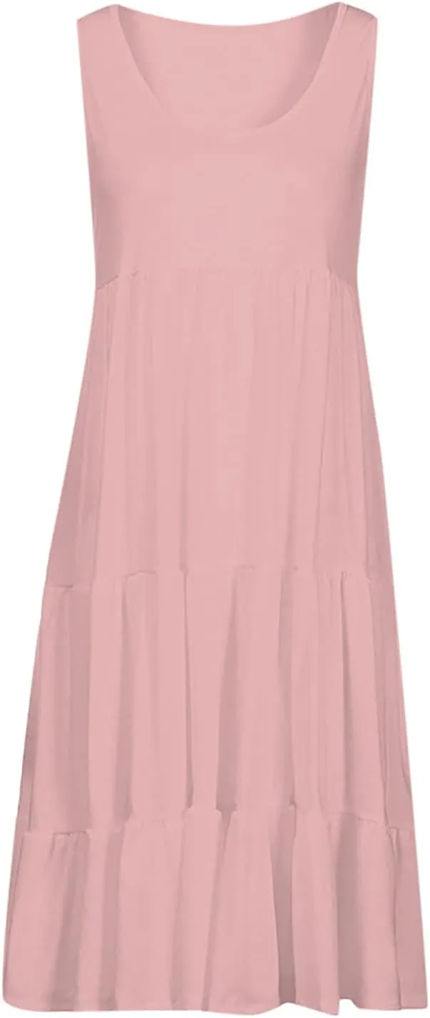 Sundresses for Women 2025 Sleeveless Cute Petite Mini Dress Tiered Summer Flowy Boho Sundress Beach Wear