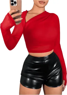 Verdusa Women's Y2k Mesh Long Sleeve Crop Tops Asymmetrical Neck Ruched Fitted T Shirts