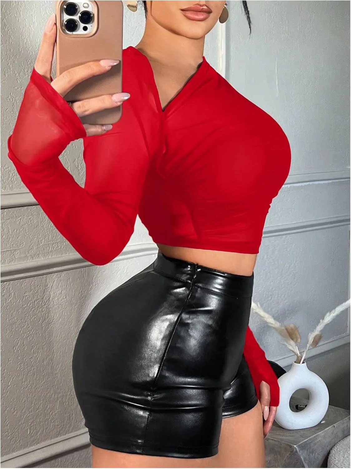Verdusa Women's Y2k Mesh Long Sleeve Crop Tops Asymmetrical Neck Ruched Fitted T Shirts