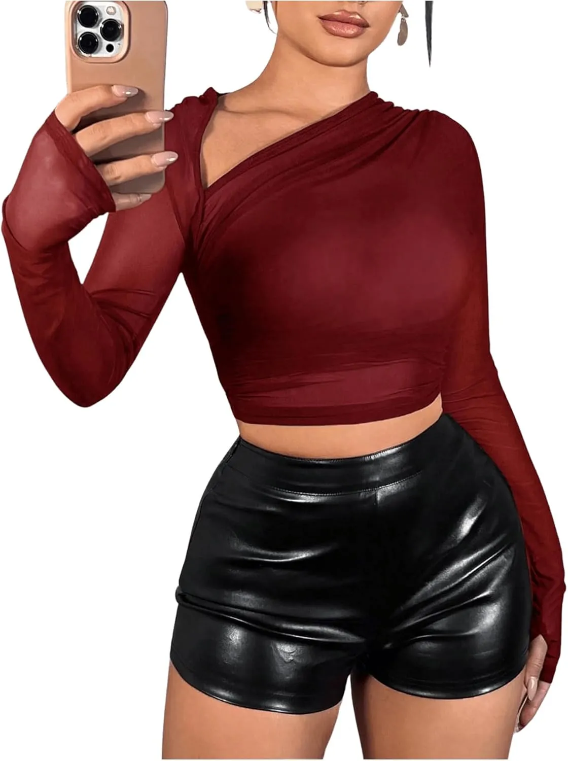 Verdusa Women's Y2k Mesh Long Sleeve Crop Tops Asymmetrical Neck Ruched Fitted T Shirts