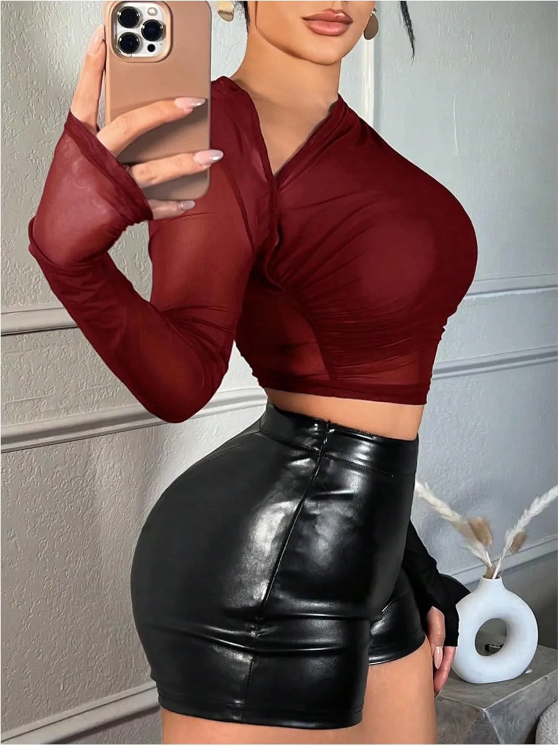 Verdusa Women's Y2k Mesh Long Sleeve Crop Tops Asymmetrical Neck Ruched Fitted T Shirts