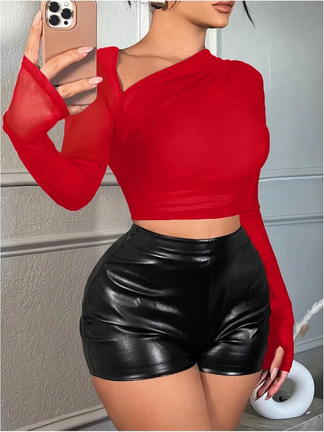 Verdusa Women's Y2k Mesh Long Sleeve Crop Tops Asymmetrical Neck Ruched Fitted T Shirts