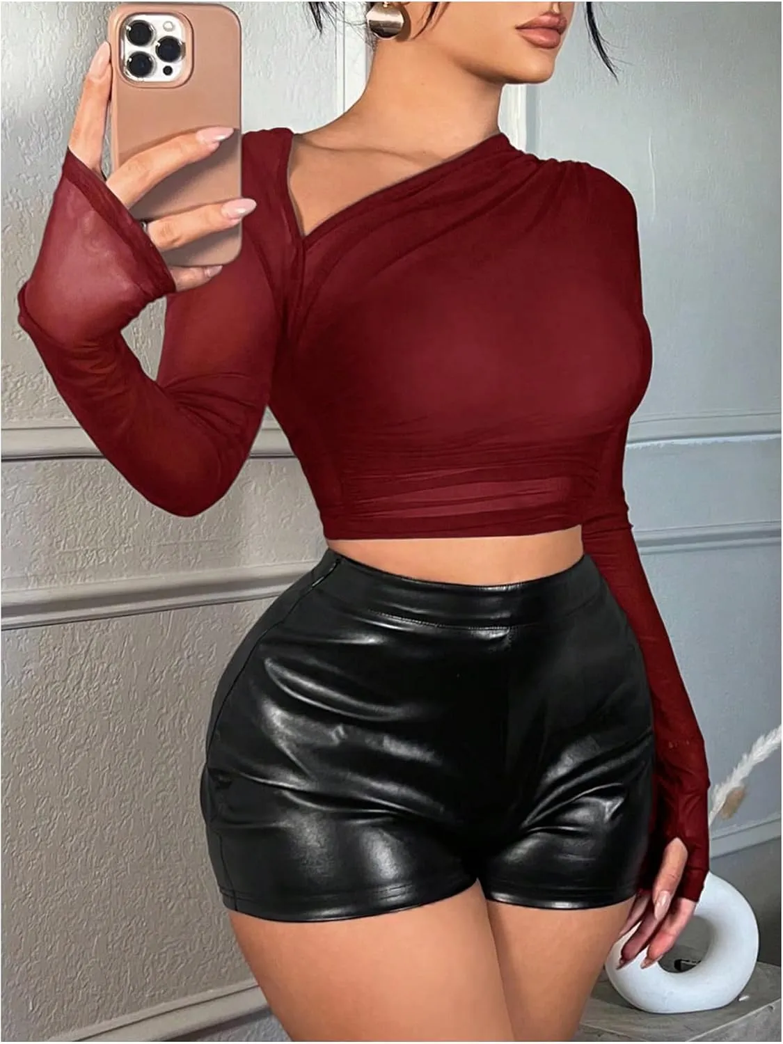 Verdusa Women's Y2k Mesh Long Sleeve Crop Tops Asymmetrical Neck Ruched Fitted T Shirts