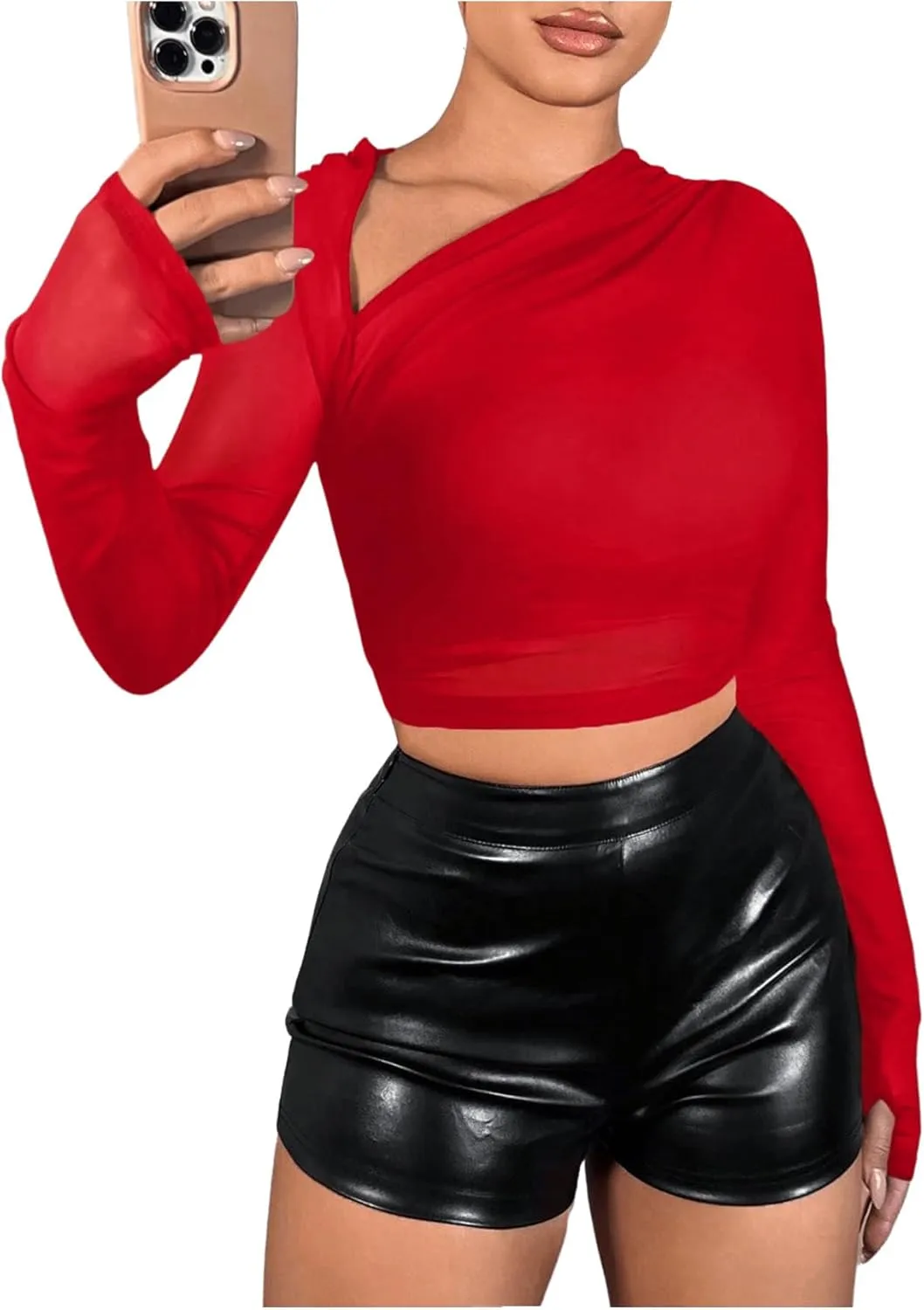 Verdusa Women's Y2k Mesh Long Sleeve Crop Tops Asymmetrical Neck Ruched Fitted T Shirts