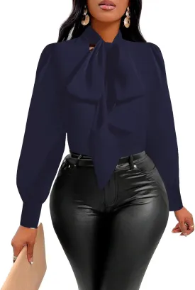 Vrtige Women's Elegant Bow Tie Neck Long Sleeve Blouse Office Shirt Top