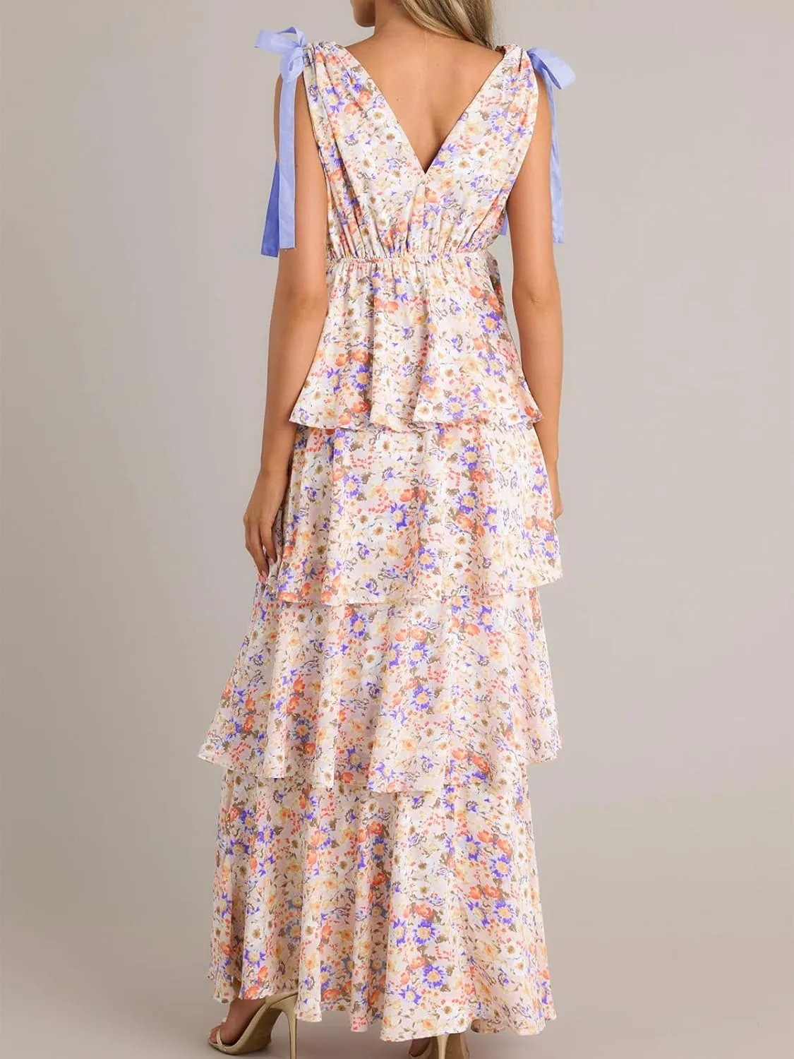 Wenrine Womens Summer Floral Maxi Dress Tie Strap Sleeveless V Neck High Slit Boho Ruffle Tiered Beach Dresses