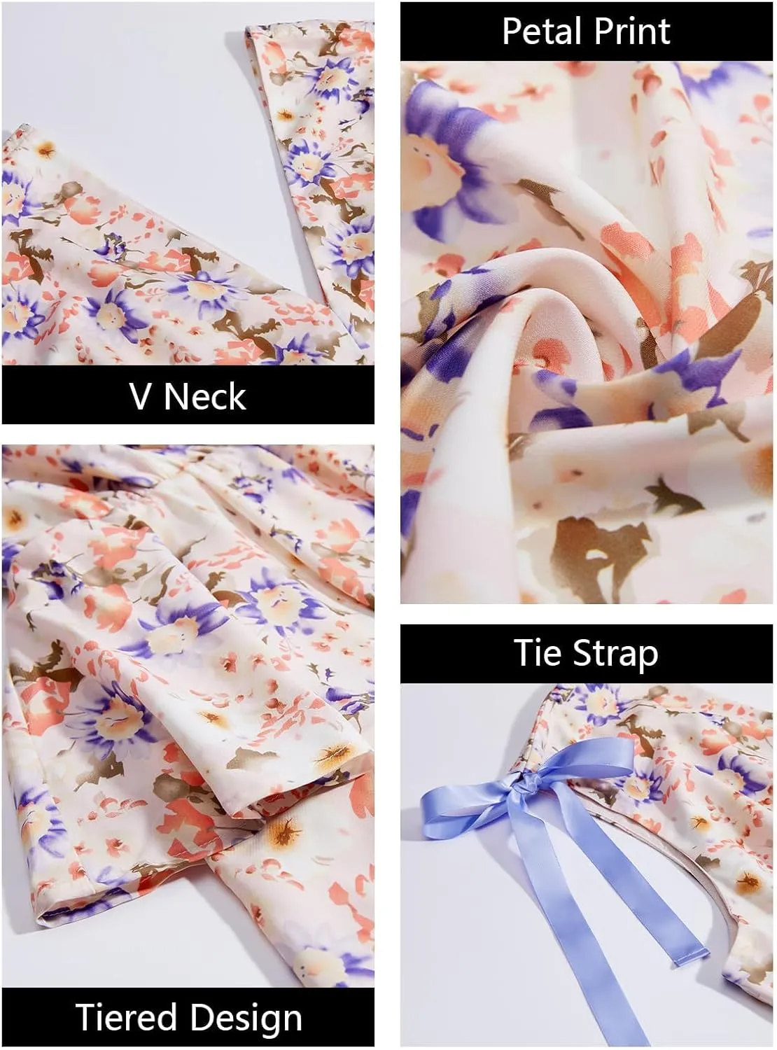 Wenrine Womens Summer Floral Maxi Dress Tie Strap Sleeveless V Neck High Slit Boho Ruffle Tiered Beach Dresses