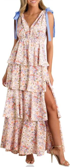 Wenrine Womens Summer Floral Maxi Dress Tie Strap Sleeveless V Neck High Slit Boho Ruffle Tiered Beach Dresses