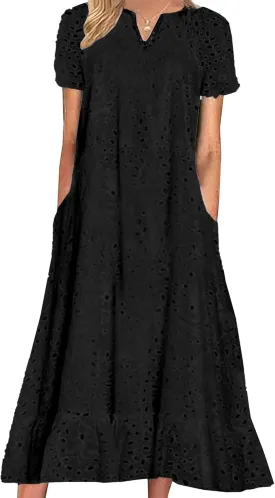 Women Summer Ruffle Hem Floral Lace Eyelet Dress Casual Notch Neck Midi Tunic Dress with Pocket 2025 Trendy