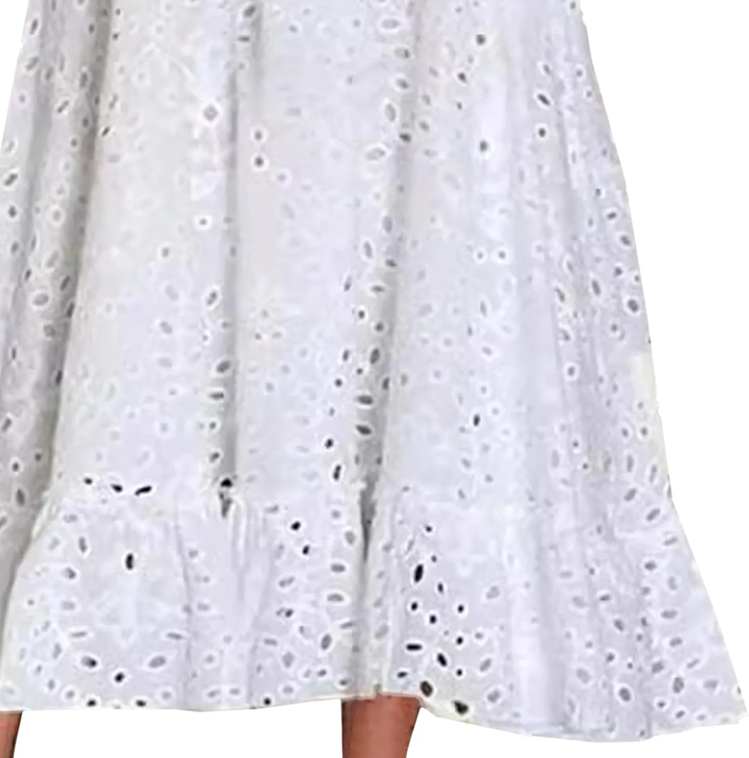 Women Summer Ruffle Hem Floral Lace Eyelet Dress Casual Notch Neck Midi Tunic Dress with Pocket 2025 Trendy