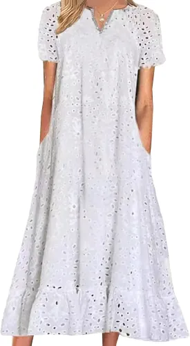 Women Summer Ruffle Hem Floral Lace Eyelet Dress Casual Notch Neck Midi Tunic Dress with Pocket 2025 Trendy