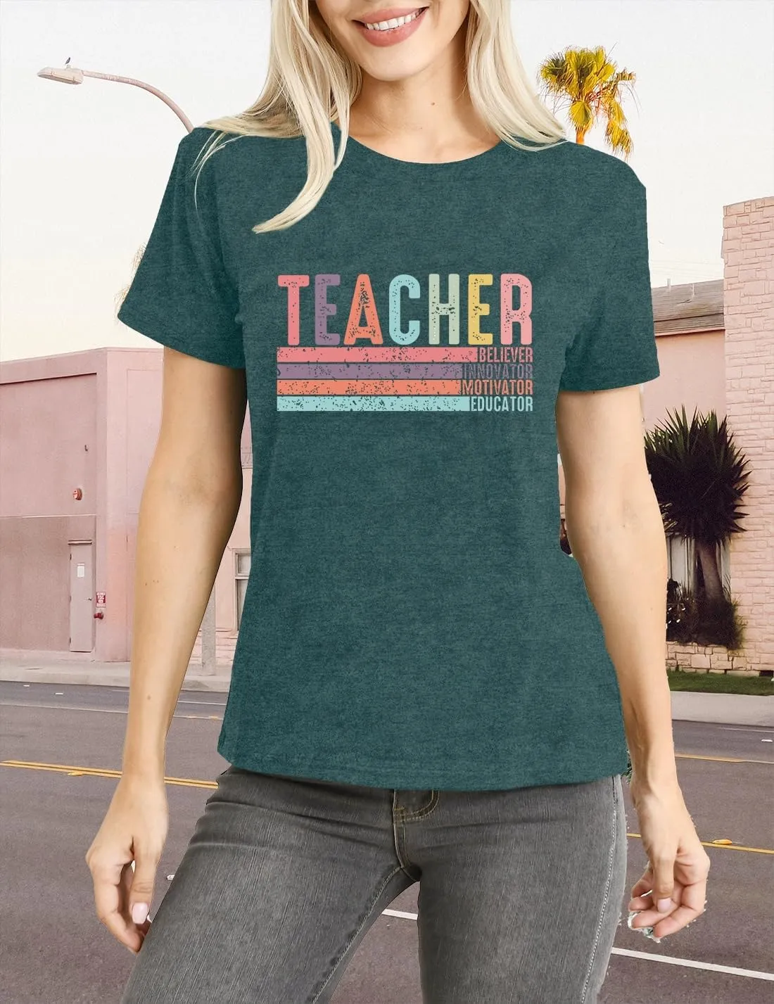 Women Teacher Shirt Teacher Life Printed T-Shirt Casual Back to School Tee Tops