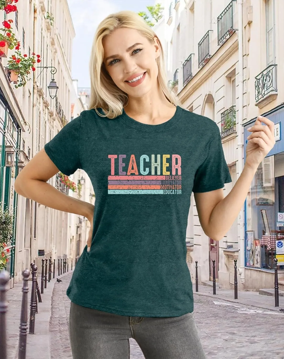 Women Teacher Shirt Teacher Life Printed T-Shirt Casual Back to School Tee Tops