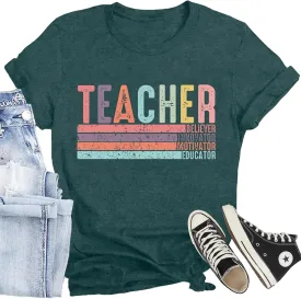 Women Teacher Shirt Teacher Life Printed T-Shirt Casual Back to School Tee Tops