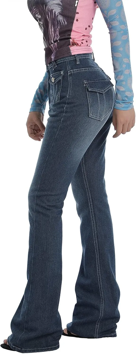 Women's Flare Bell Bottom Jeans Y2K Vintage Low Rise Stretch Bootcut Jeans Casual Wide Leg Denim Pants Streetwear