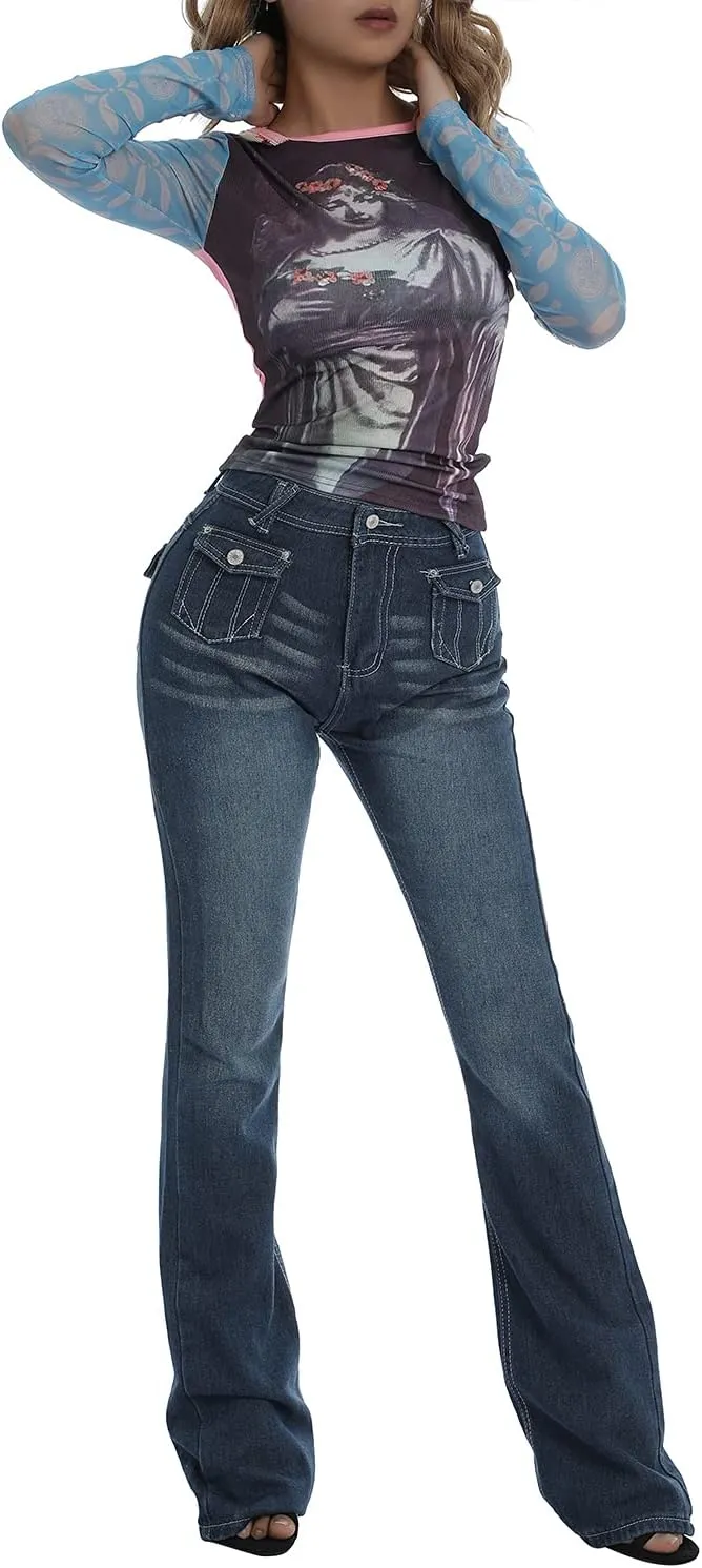 Women's Flare Bell Bottom Jeans Y2K Vintage Low Rise Stretch Bootcut Jeans Casual Wide Leg Denim Pants Streetwear