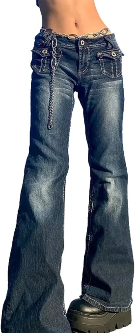Women's Flare Bell Bottom Jeans Y2K Vintage Low Rise Stretch Bootcut Jeans Casual Wide Leg Denim Pants Streetwear
