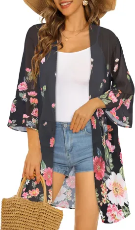 Women's Kimono Cardigans Floral Chiffon Loose Open Front Casual Summer Tops