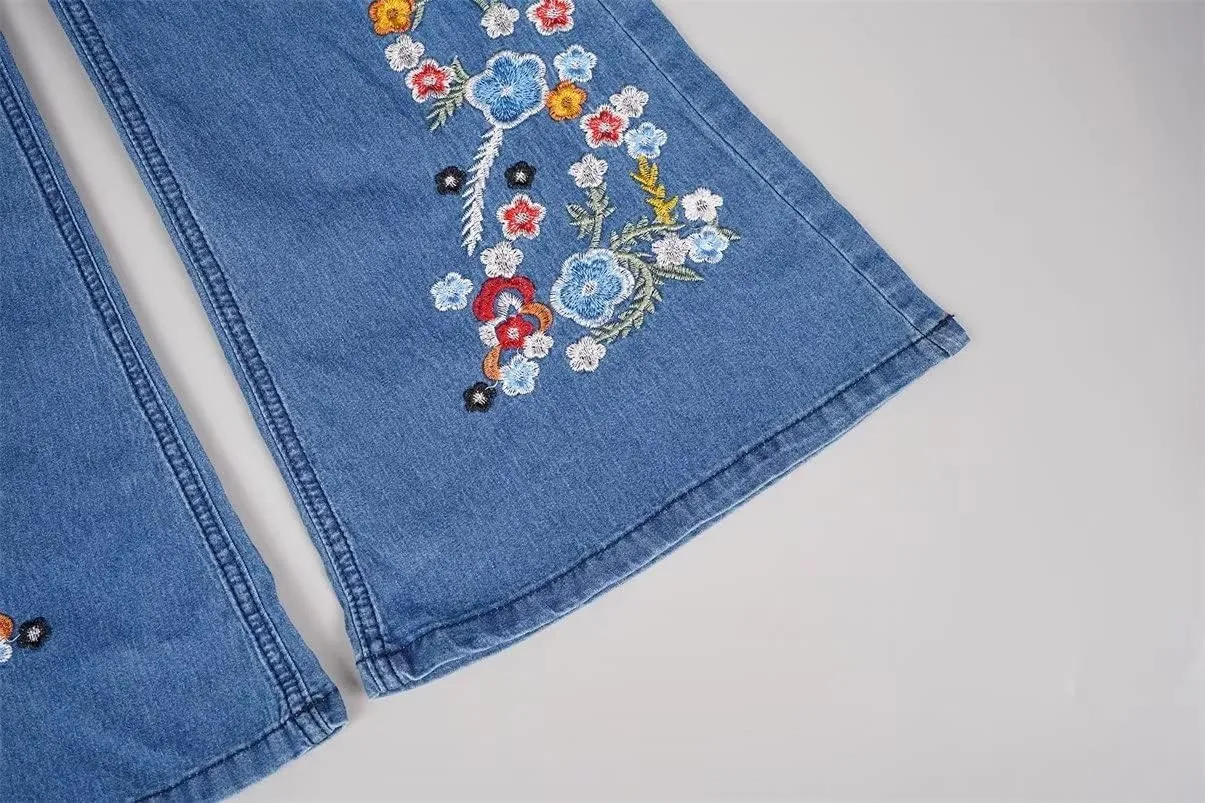 Womens Mid Rise Floral Embroidered Bell Bottom Flare Jeans Vintage Bootcut Jeans Skinny Fit Denim Pants