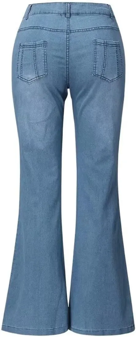 Womens Mid Rise Floral Embroidered Bell Bottom Flare Jeans Vintage Bootcut Jeans Skinny Fit Denim Pants