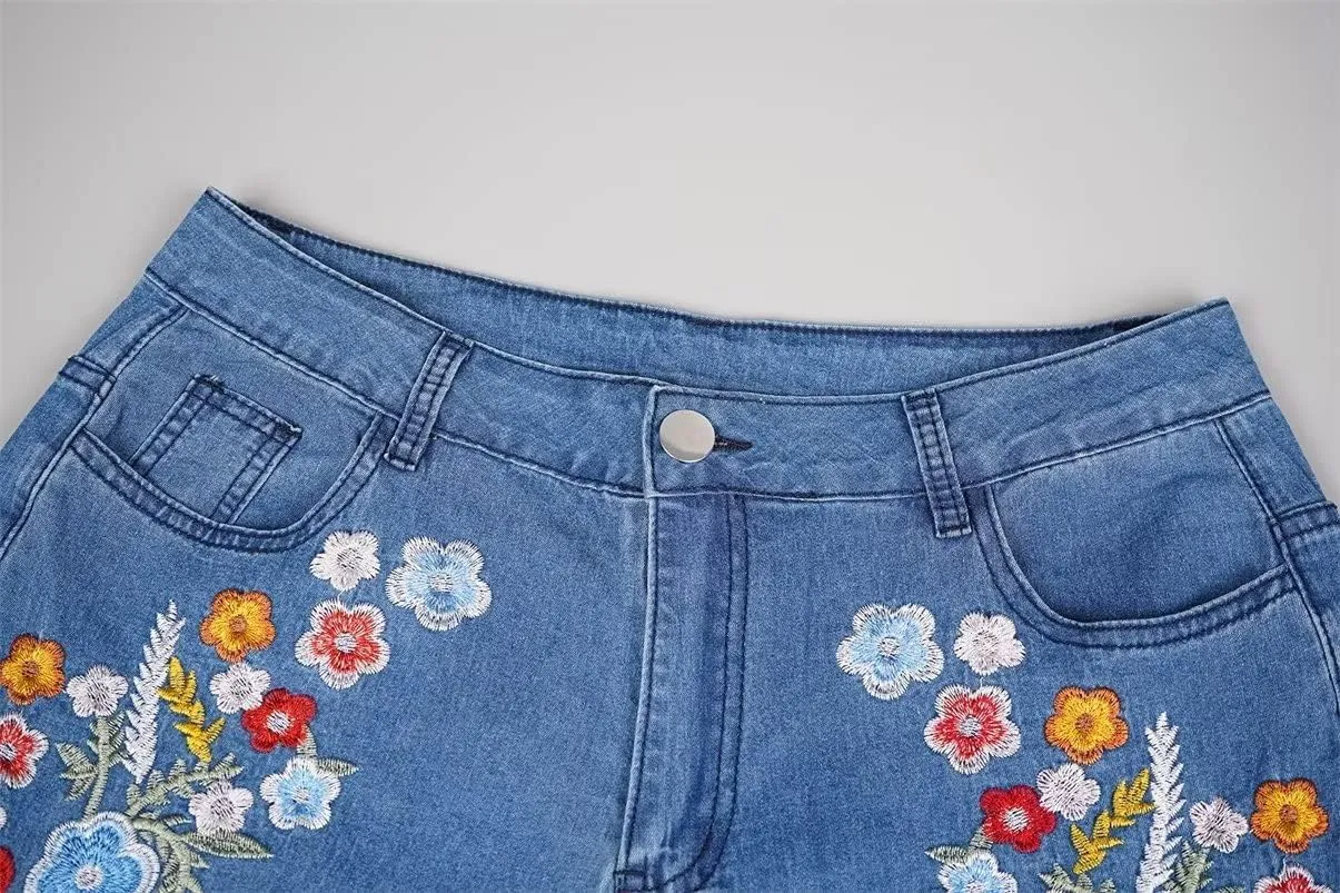 Womens Mid Rise Floral Embroidered Bell Bottom Flare Jeans Vintage Bootcut Jeans Skinny Fit Denim Pants