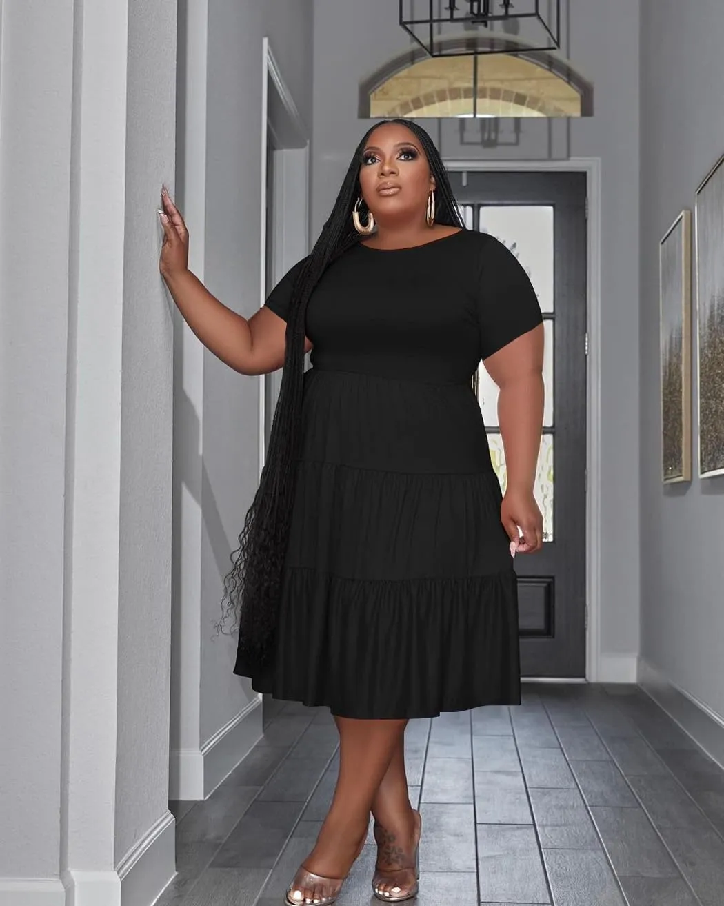 Women's Plus Size Casual Midi Dress Summer Short Sleeve Beach Dress Swing Flowy Tiered Dresses