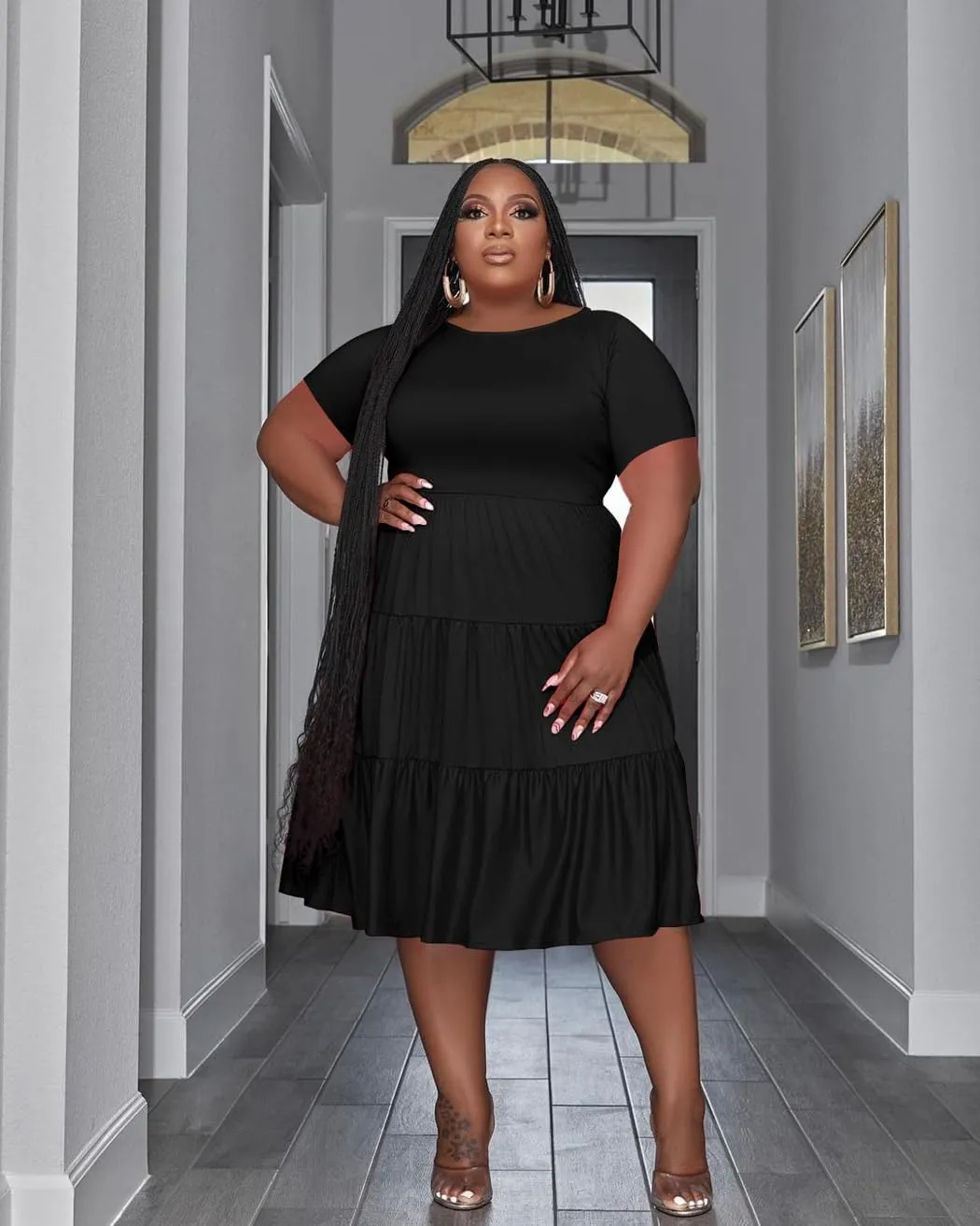 Women's Plus Size Casual Midi Dress Summer Short Sleeve Beach Dress Swing Flowy Tiered Dresses