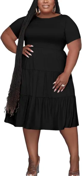 Women's Plus Size Casual Midi Dress Summer Short Sleeve Beach Dress Swing Flowy Tiered Dresses
