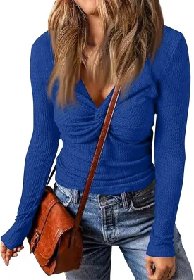 Womens Polo Shirts Long Sleeve Business Casual Tops Collared V Neck Ribbed Knit Sweater Slim Fit Trendy Blouses
