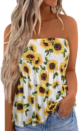 Womens Smocked Strapless Bandeau Tank Tops Floral Tube Tops Backless Bandeau Tunic Tops Sleeveless Shirts
