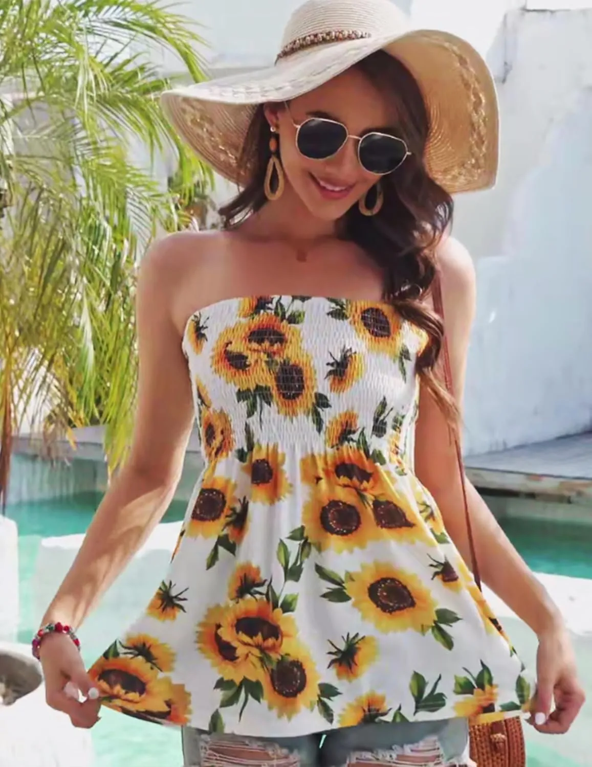 Womens Smocked Strapless Bandeau Tank Tops Floral Tube Tops Backless Bandeau Tunic Tops Sleeveless Shirts