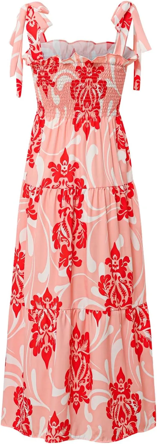Women's Summer Floral Maxi Dress Casual Boho Spaghetti Strap Square Neck Long Dress A Line Beach Sundress