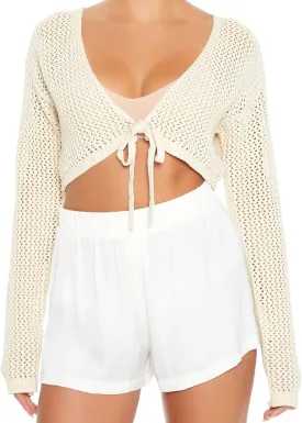 Women's Tie Front Crop Tops Long Sleeve Knit Crochet Cardigan Lightweight Shrug Sweaters Summer Hollow Out Cover Up