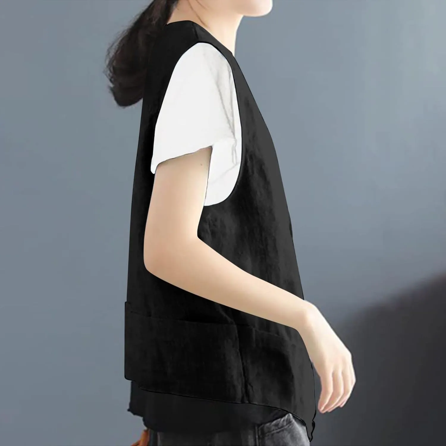 Womens Vest 2023 Summer Cotton Linen Vest Top Vintage Casual Sleeveless Button Down Jacket Loose Vests Outerwear