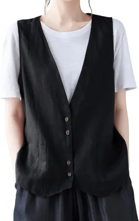 Womens Vest 2023 Summer Cotton Linen Vest Top Vintage Casual Sleeveless Button Down Jacket Loose Vests Outerwear