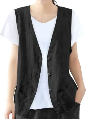 Womens Vest 2023 Summer Cotton Linen Vest Top Vintage Casual Sleeveless Button Down Jacket Loose Vests Outerwear