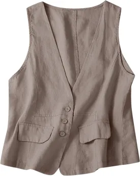 Womens Vest 2023 Summer Cotton Linen Vest Top Vintage Casual Sleeveless Button Down Jacket Loose Vests Outerwear
