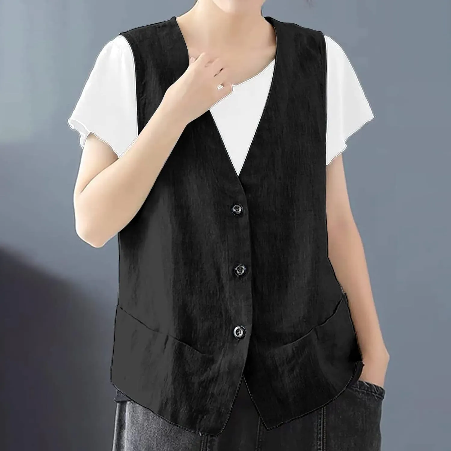 Womens Vest 2023 Summer Cotton Linen Vest Top Vintage Casual Sleeveless Button Down Jacket Loose Vests Outerwear