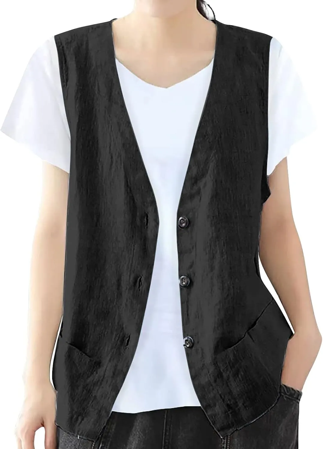 Womens Vest 2023 Summer Cotton Linen Vest Top Vintage Casual Sleeveless Button Down Jacket Loose Vests Outerwear