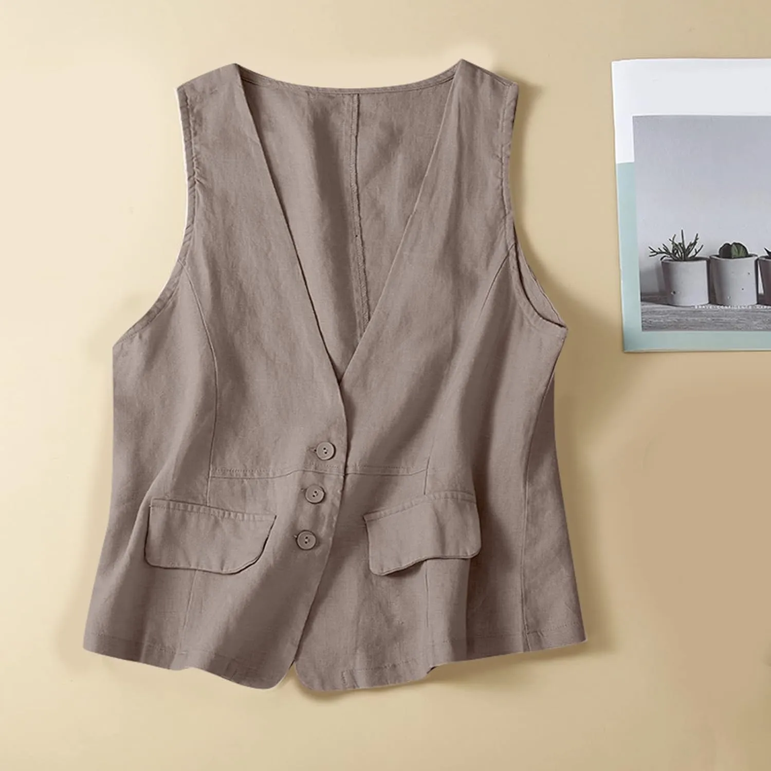 Womens Vest 2023 Summer Cotton Linen Vest Top Vintage Casual Sleeveless Button Down Jacket Loose Vests Outerwear