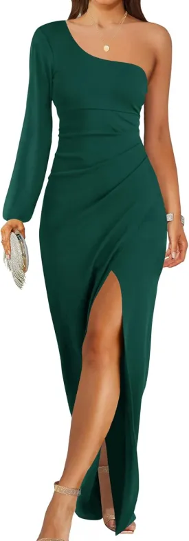 ZESICA Women's One Shoulder Long Sleeve Cocktail Dress Sexy High Slit Ruched Bodycon Wedding Guest Maxi Dresses