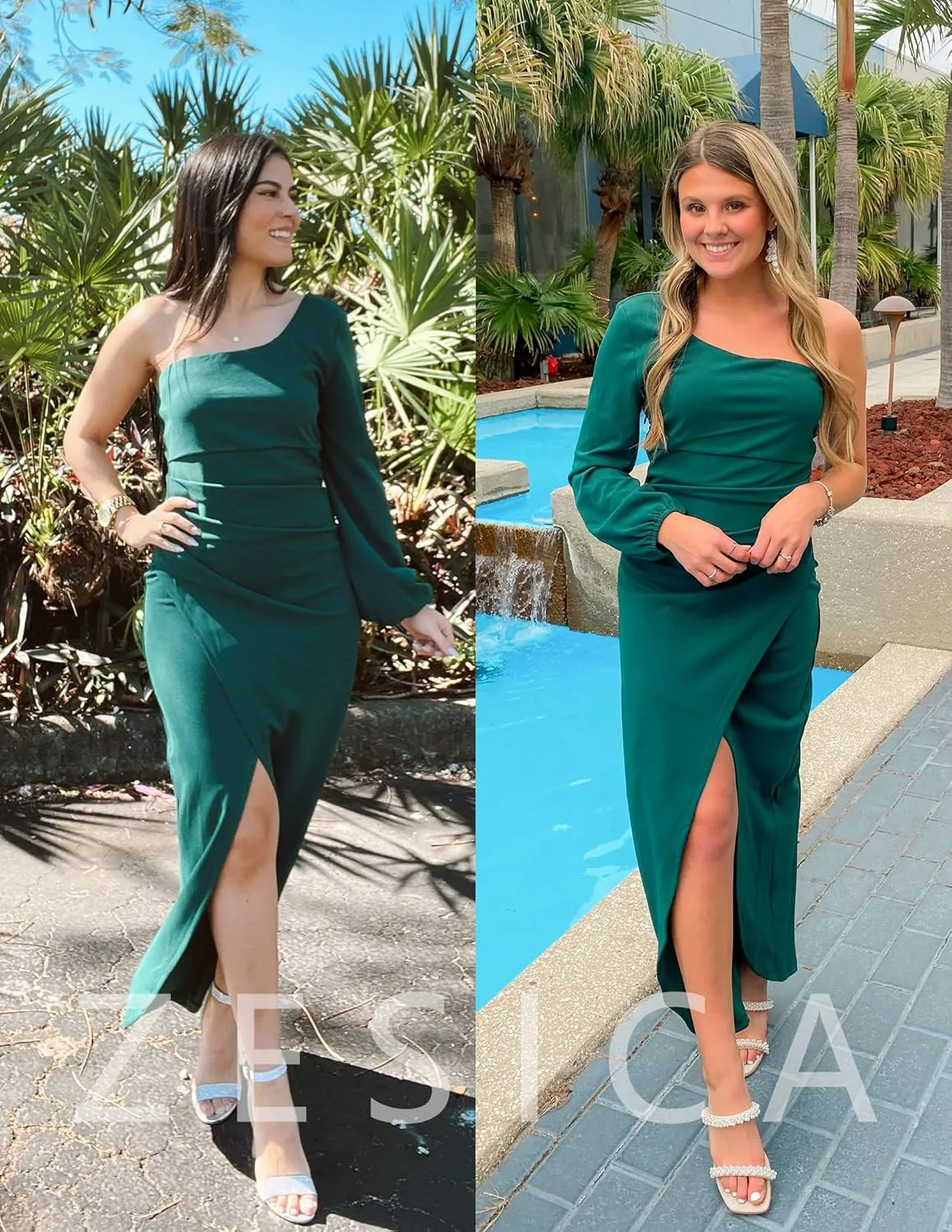 ZESICA Women's One Shoulder Long Sleeve Cocktail Dress Sexy High Slit Ruched Bodycon Wedding Guest Maxi Dresses