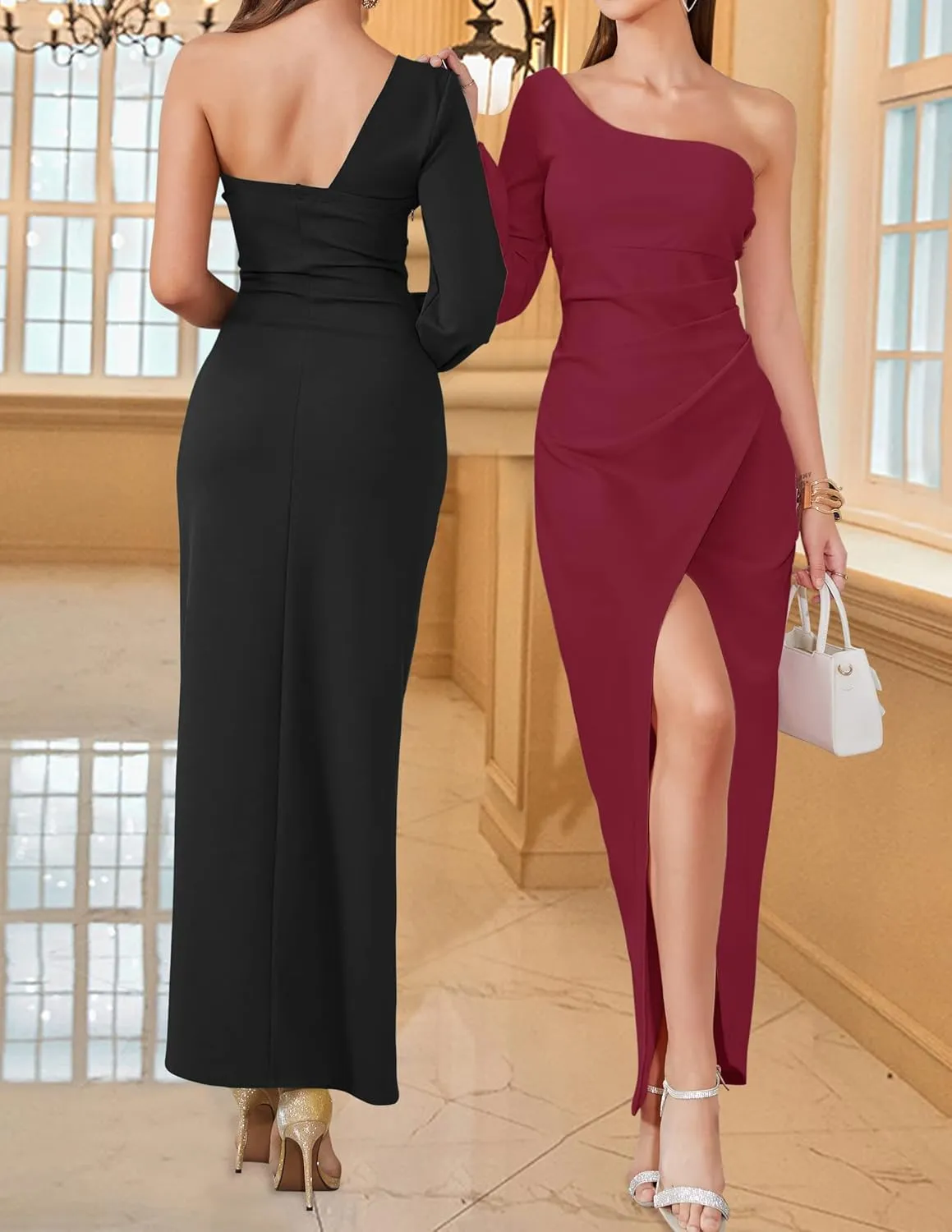 ZESICA Women's One Shoulder Long Sleeve Cocktail Dress Sexy High Slit Ruched Bodycon Wedding Guest Maxi Dresses