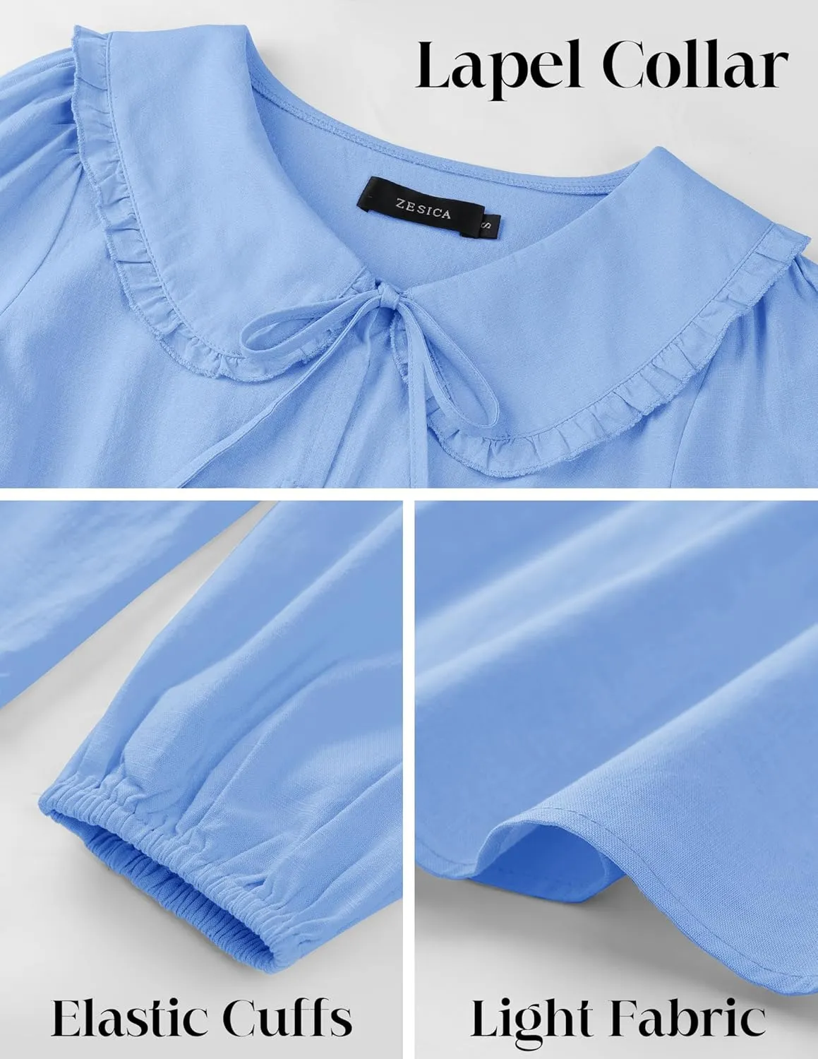 ZESICA Women's Tie Front Peplum Tops Long Puff Sleeve Lapel Collar Cute Babydoll Blouses Shirts