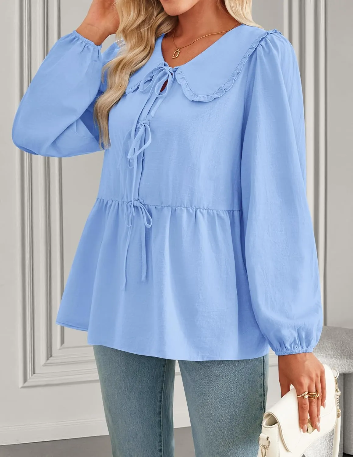 ZESICA Women's Tie Front Peplum Tops Long Puff Sleeve Lapel Collar Cute Babydoll Blouses Shirts